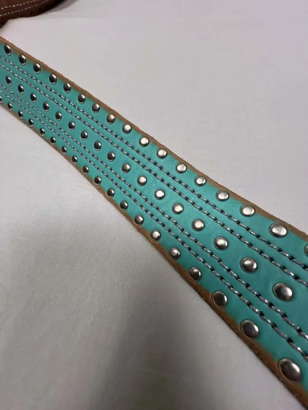 Linea Pelle Genuine Leather Belt in Aqua with Silver Studs + Brass Buckle